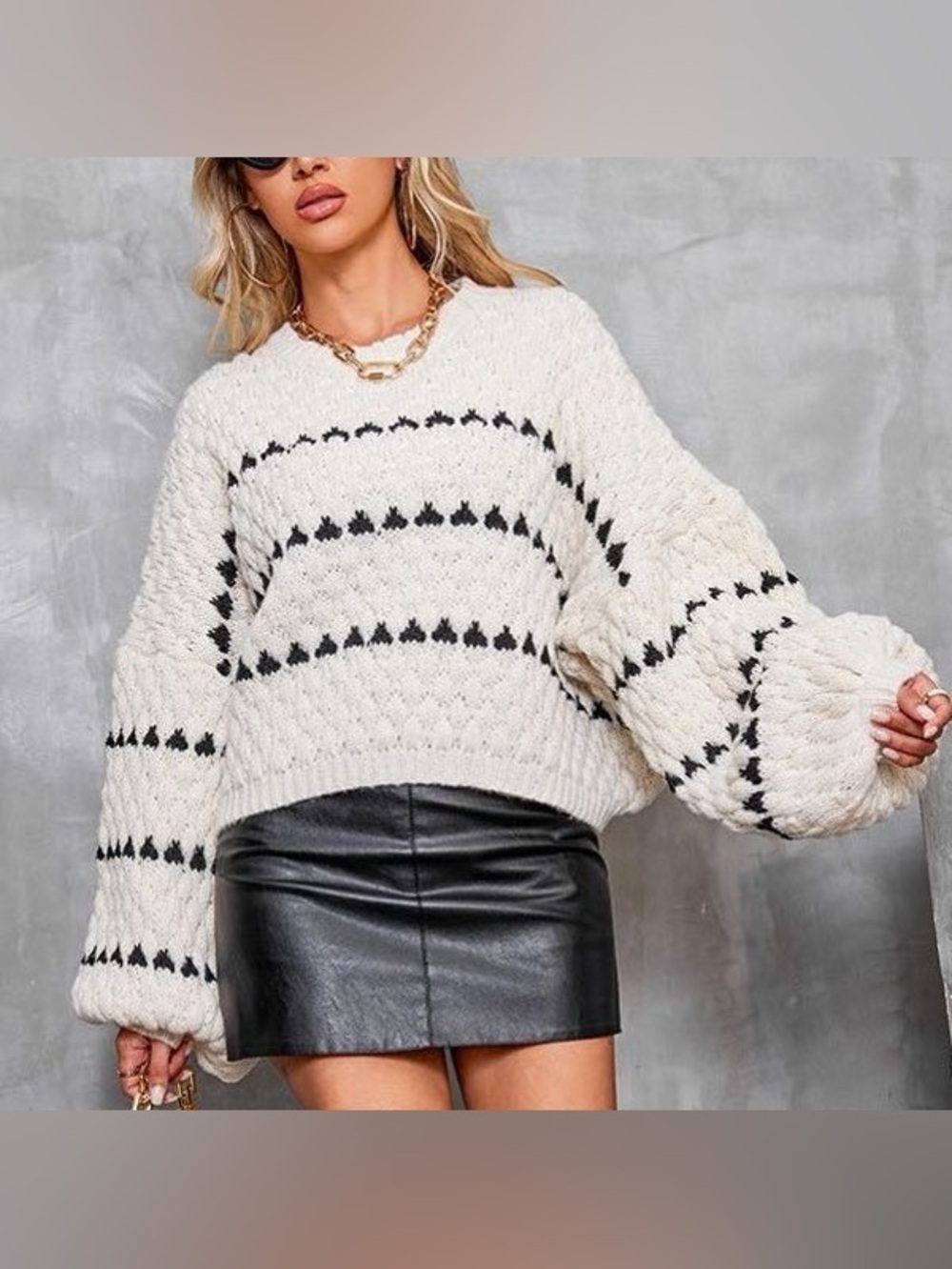White Cable Knit Oversized Sweater with Black Stripes & Balloon Sleeves - size L